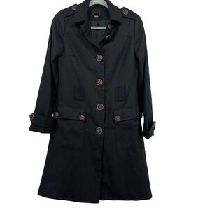 Via Women Size 4 Trench Coat Black Wool Blend Button Back Military Style Jacket
